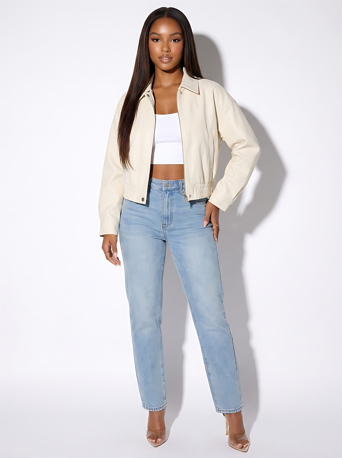 VelouraAvenue Cropped Faux Leather Jacket - Cream - Front