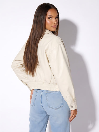 VelouraAvenue Cropped Faux Leather Jacket - Cream - Back