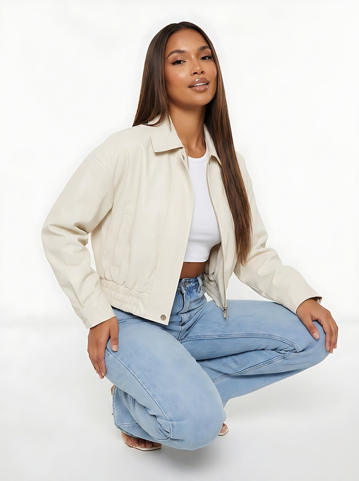 VelouraAvenue Cropped Faux Leather Jacket - Cream - Crouched