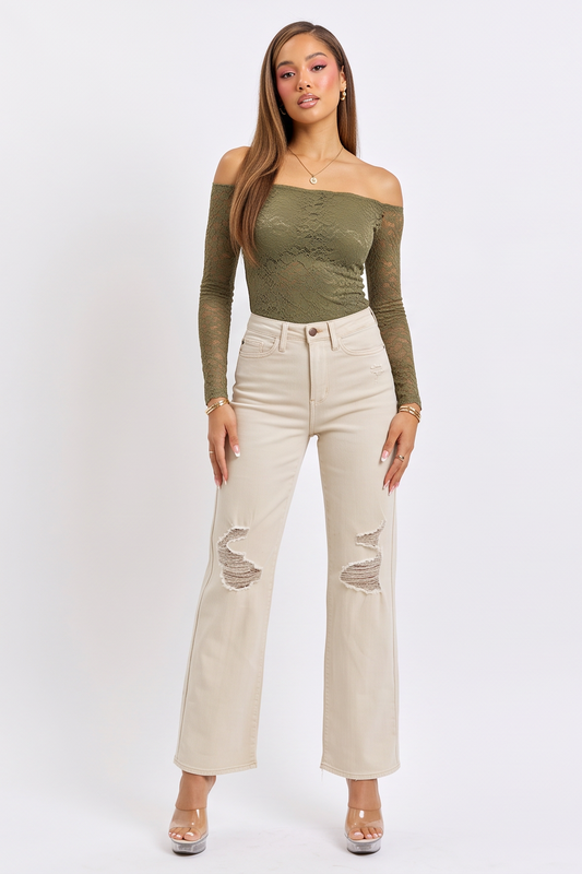 VelouraAvenue Distressed Wide Leg Jeans - BONE - Image 1
