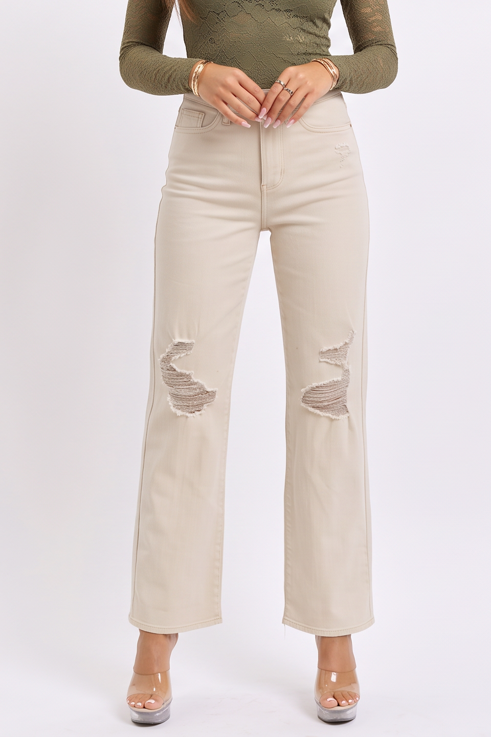VelouraAvenue Distressed Wide Leg Jeans - BONE - Image 2