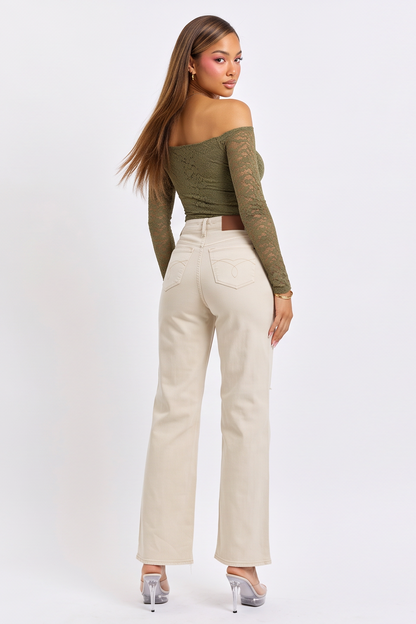 VelouraAvenue Distressed Wide Leg Jeans - BONE - Image 3
