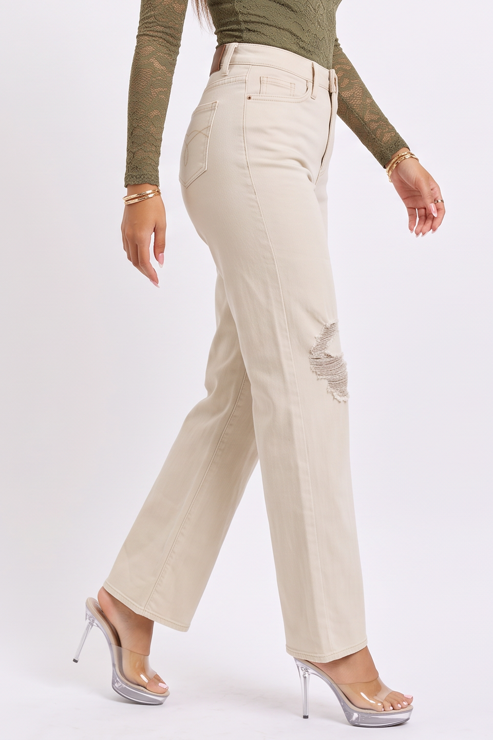 VelouraAvenue Distressed Wide Leg Jeans - BONE - Image 4