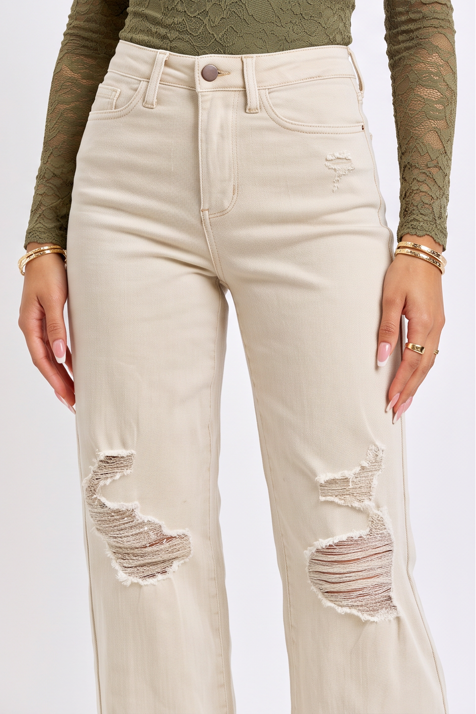 VelouraAvenue Distressed Wide Leg Jeans - BONE - Image 5