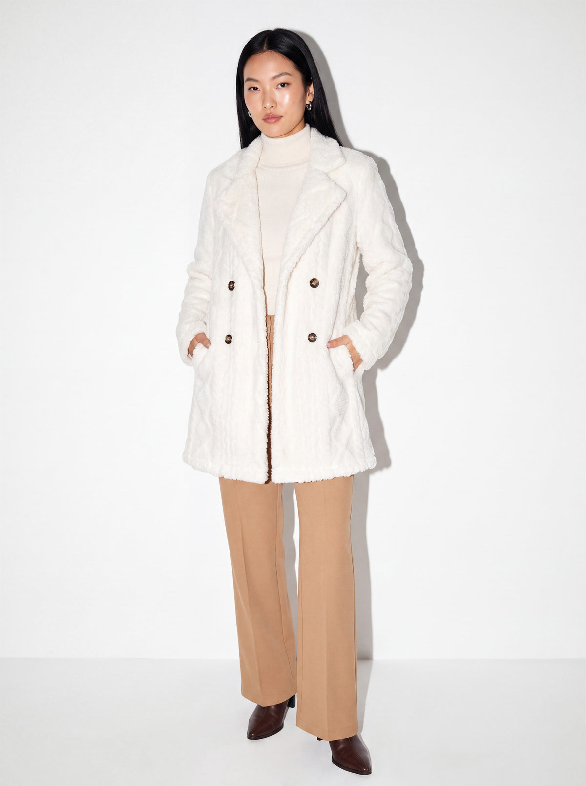 VelouraAvenue Fleece Double-Breasted Longline Coat - White - Front