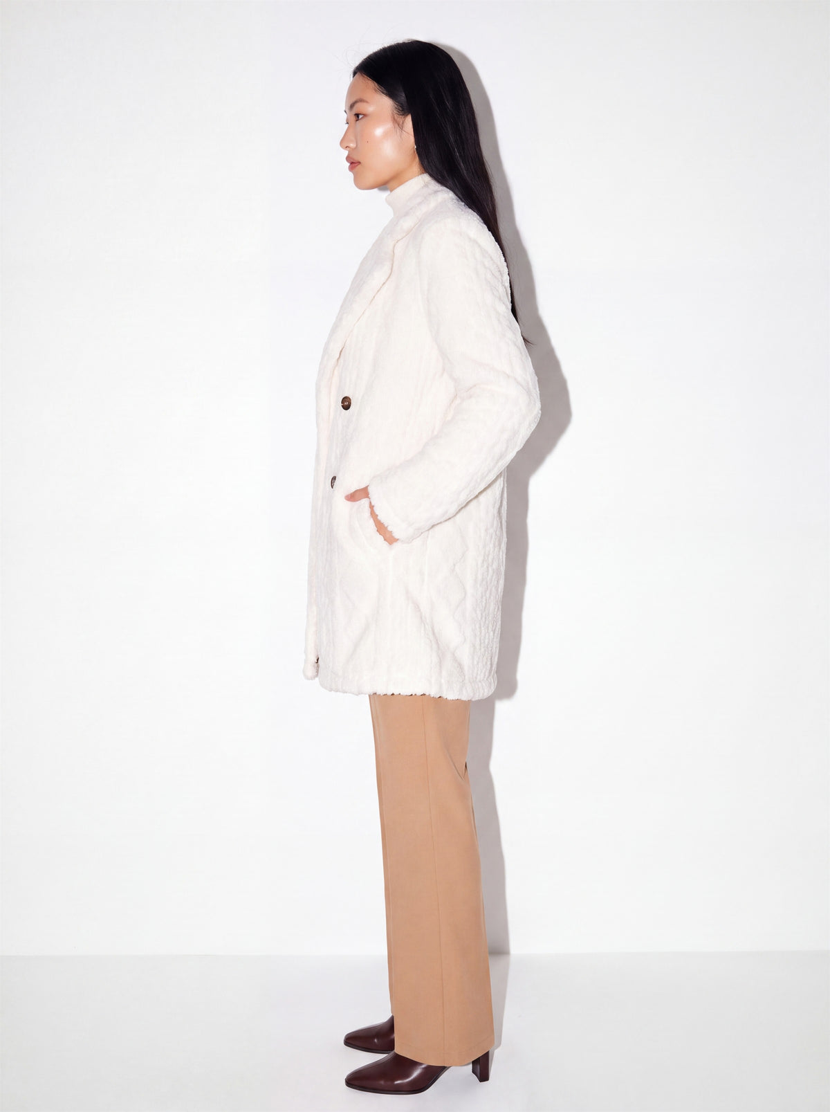 VelouraAvenue Fleece Double-Breasted Longline Coat - White - Side