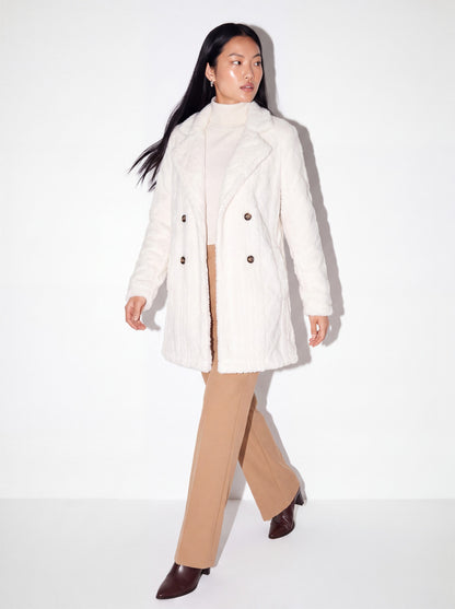 VelouraAvenue Fleece Double-Breasted Longline Coat - White - Walking