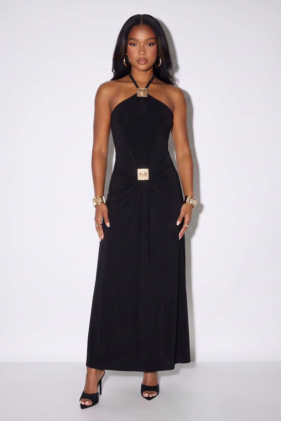 VelouraAvenue Gold Trim Halter Maxi - Black - Image 2