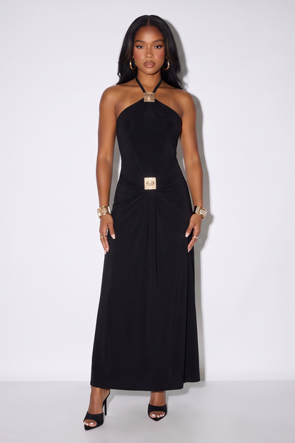 VelouraAvenue Gold Trim Halter Maxi - Black - Image 2