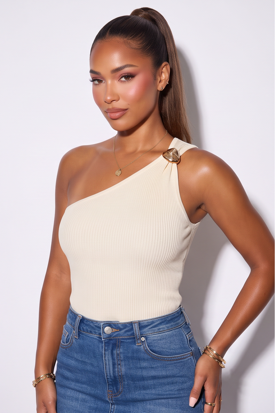 VelouraAvenue Gold Trim One-Shoulder Top - Image 1