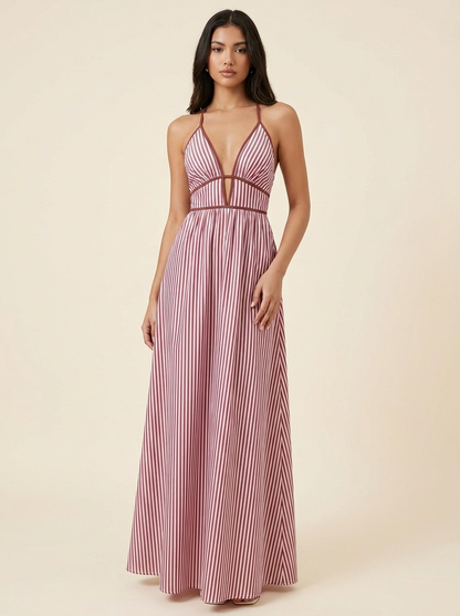Striped Halter Maxi Dress — Burgundy Front