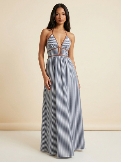 Striped Halter Maxi Dress — Navy Blue Front
