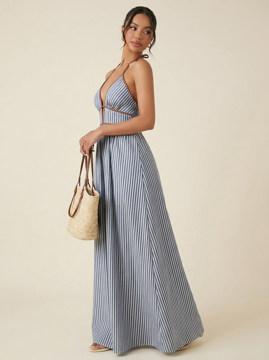 Striped Halter Maxi Dress — Navy Blue Side
