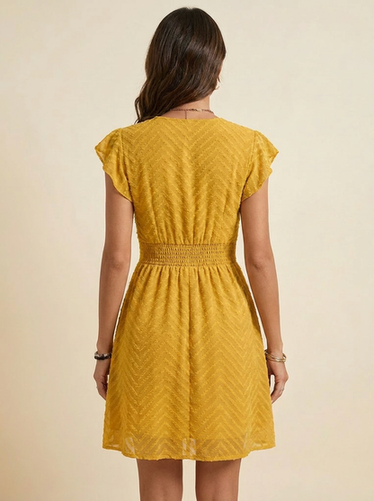 V-Neck Ruffle Mini Dress — Gold Back