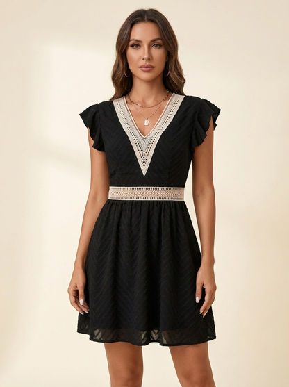 V-Neck Ruffle Mini Dress — Black Front