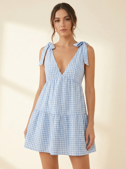Gingham Ruffle Mini Dress — Front