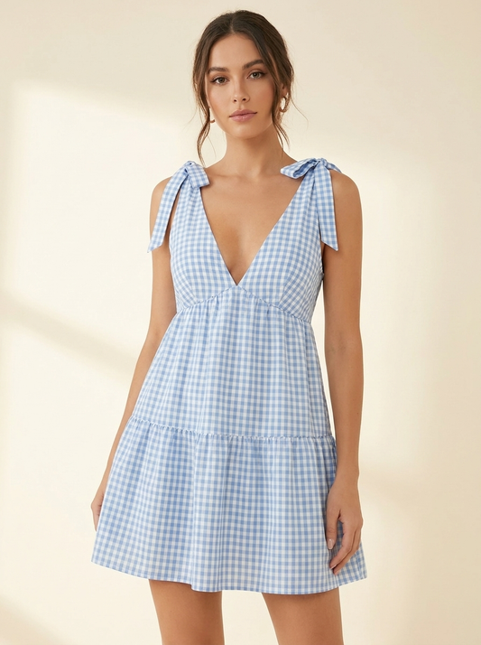 Gingham Ruffle Mini Dress — Front