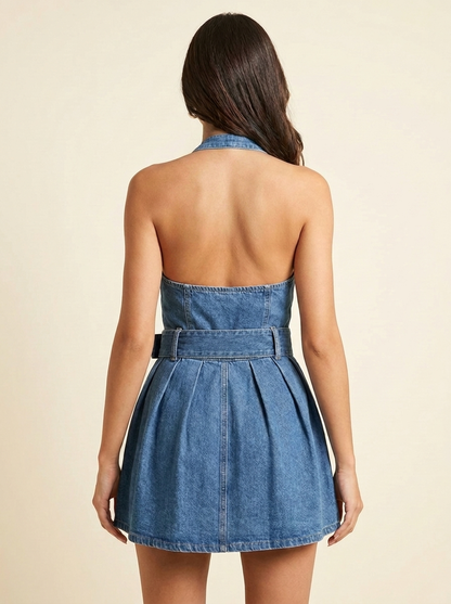 VelouraAvenue Halter Belted Mini Dress - Blue - Image 3