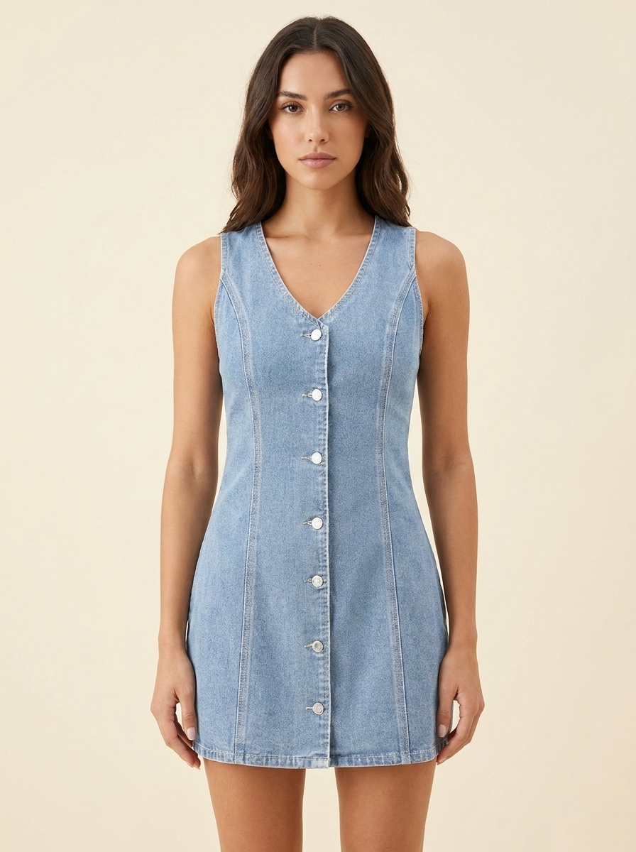 VelouraAvenue Button-Front Denim Dress - Light Blue - Image 4
