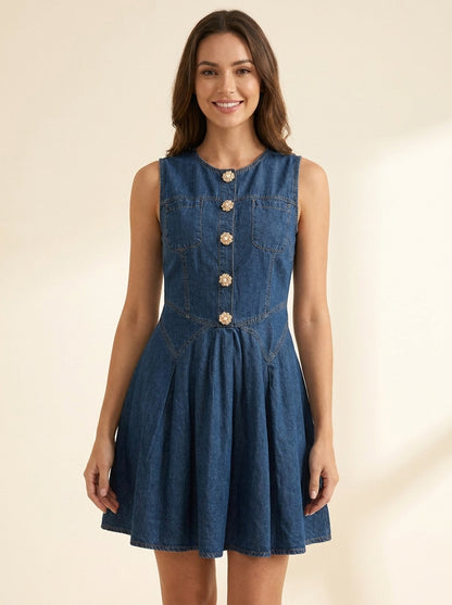 Button Decor Denim Dress — front