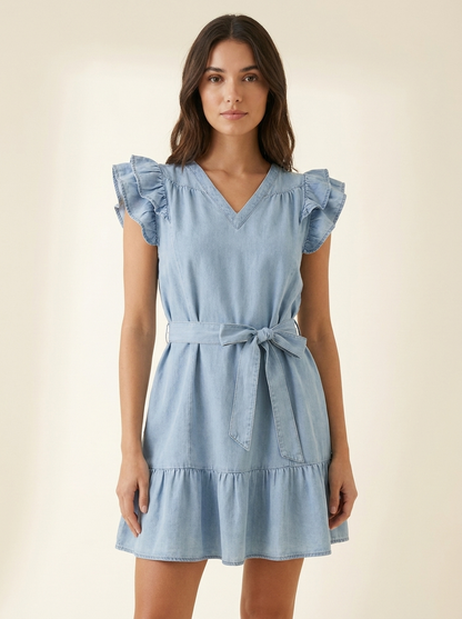 Chambray Ruffled Dress — front