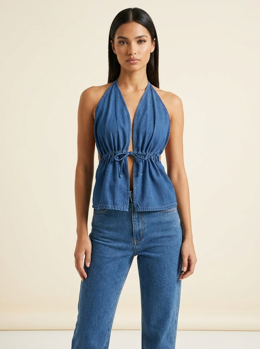 VelouraAvenue Halter Neck Denim Top - Navy - Image 4