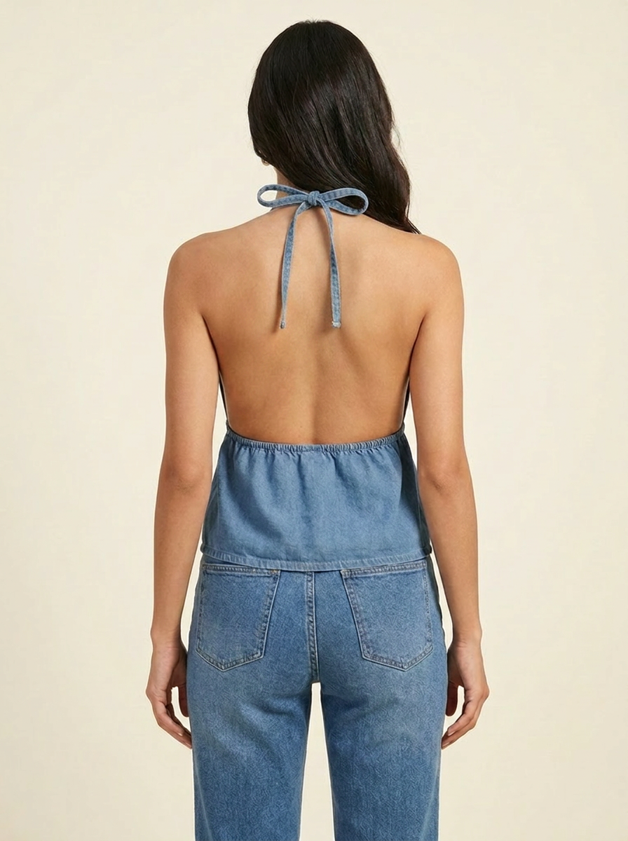 VelouraAvenue Halter Neck Denim Top - Dusty Blue - Image 3