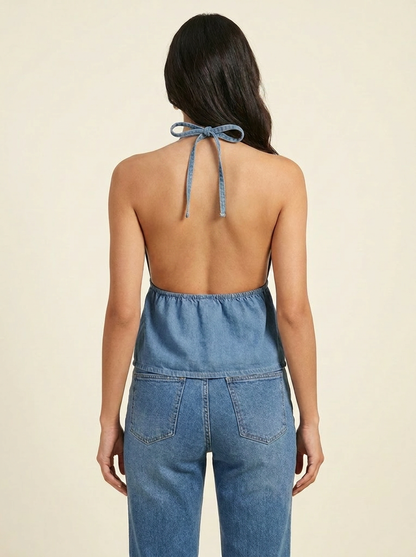 VelouraAvenue Halter Neck Denim Top - Dusty Blue - Image 3