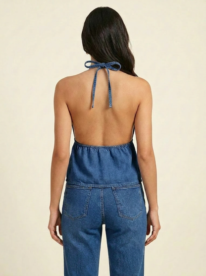 VelouraAvenue Halter Neck Denim Top - Navy - Image 6