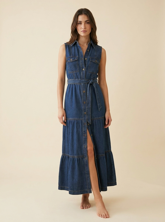 Sleeveless Denim Dress — front