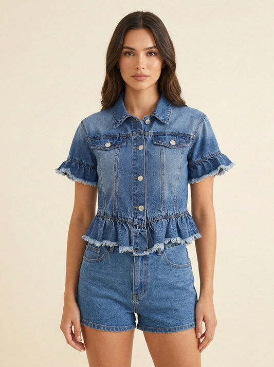 Ruffle Hem Denim Jacket — front