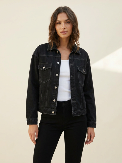VelouraAvenue Button-Up Denim Jacket - Black - Image 4