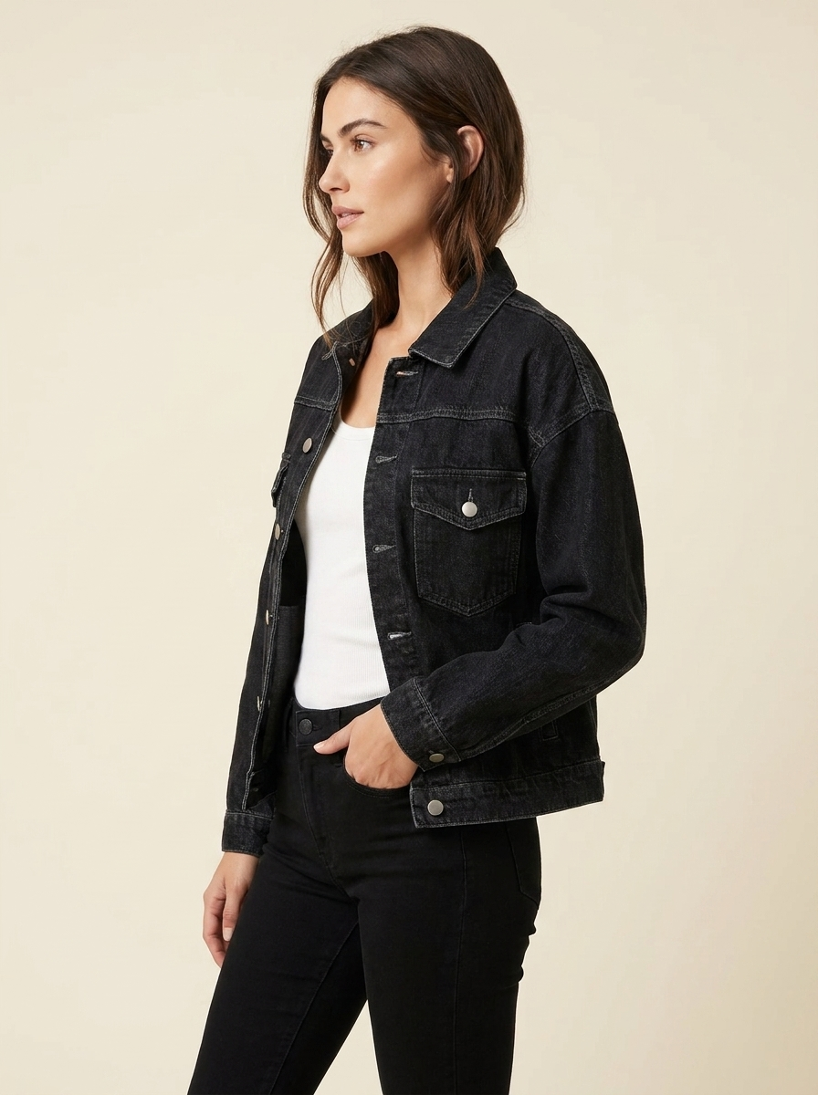 VelouraAvenue Button-Up Denim Jacket - Black - Image 5
