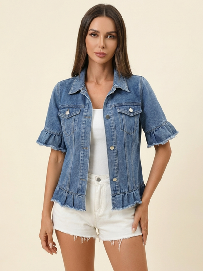 VelouraAvenue Raw Hem Denim Jacket - Blue - Image 1