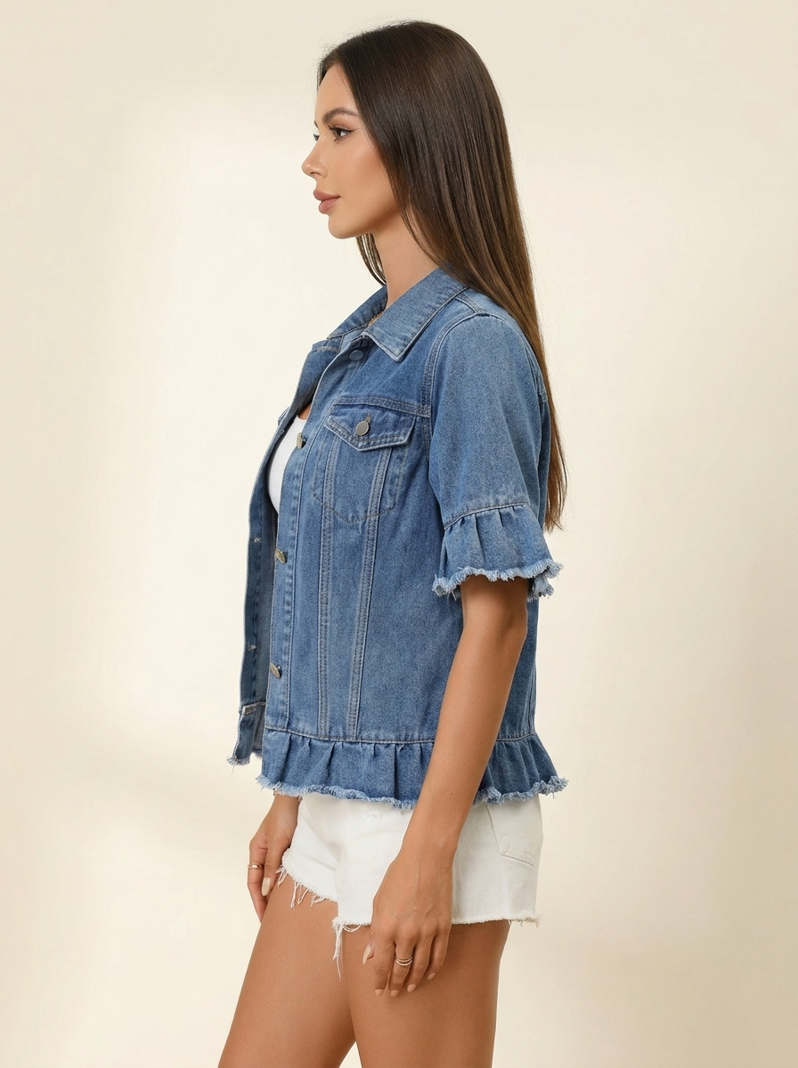 VelouraAvenue Raw Hem Denim Jacket - Blue - Image 2
