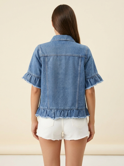 VelouraAvenue Raw Hem Denim Jacket - Blue - Image 3
