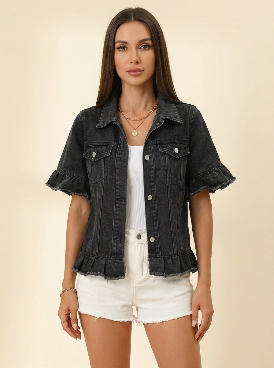 VelouraAvenue Raw Hem Denim Jacket - Black Gray - Image 4