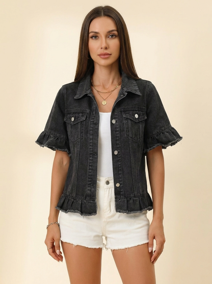 VelouraAvenue Raw Hem Denim Jacket - Black Gray - Image 4