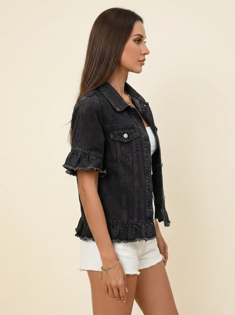 VelouraAvenue Raw Hem Denim Jacket - Black Gray - Image 5