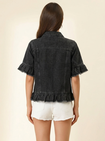 VelouraAvenue Raw Hem Denim Jacket - Black Gray - Image 6