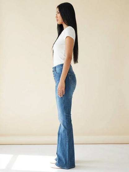Striped Button Fly Jeans — Blue Side
