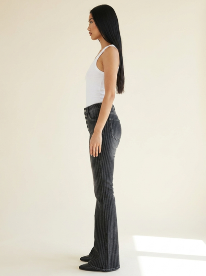 Striped Button Fly Jeans — Black Side