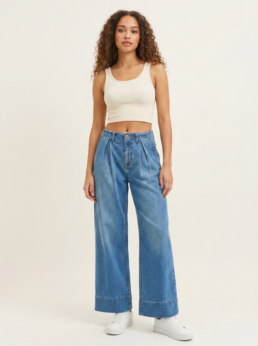 Pleated Slouchy Wide Jeans - Front