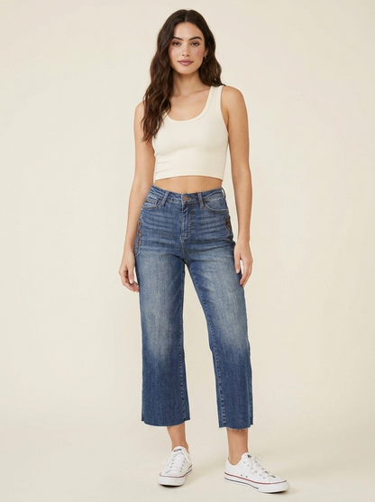 Embroidery Crop Wide Jeans - Front