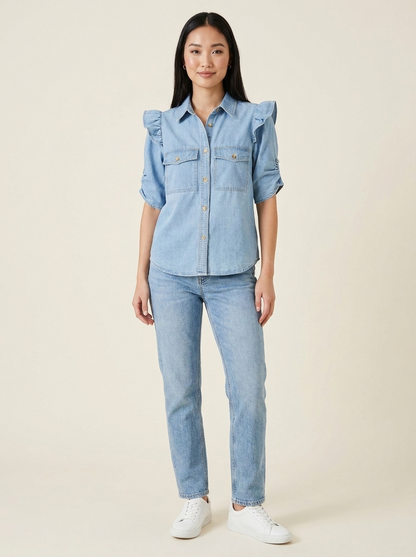 Ruffled Button-Down Shirt Light Blue view 1