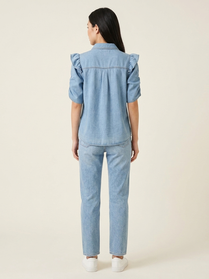 Ruffled Button-Down Shirt Light Blue view 3