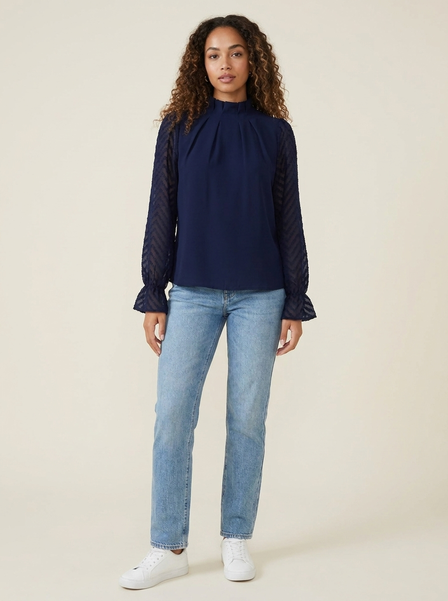 VelouraAvenue Mock Neck Flounce Blouse - Navy - Image 1
