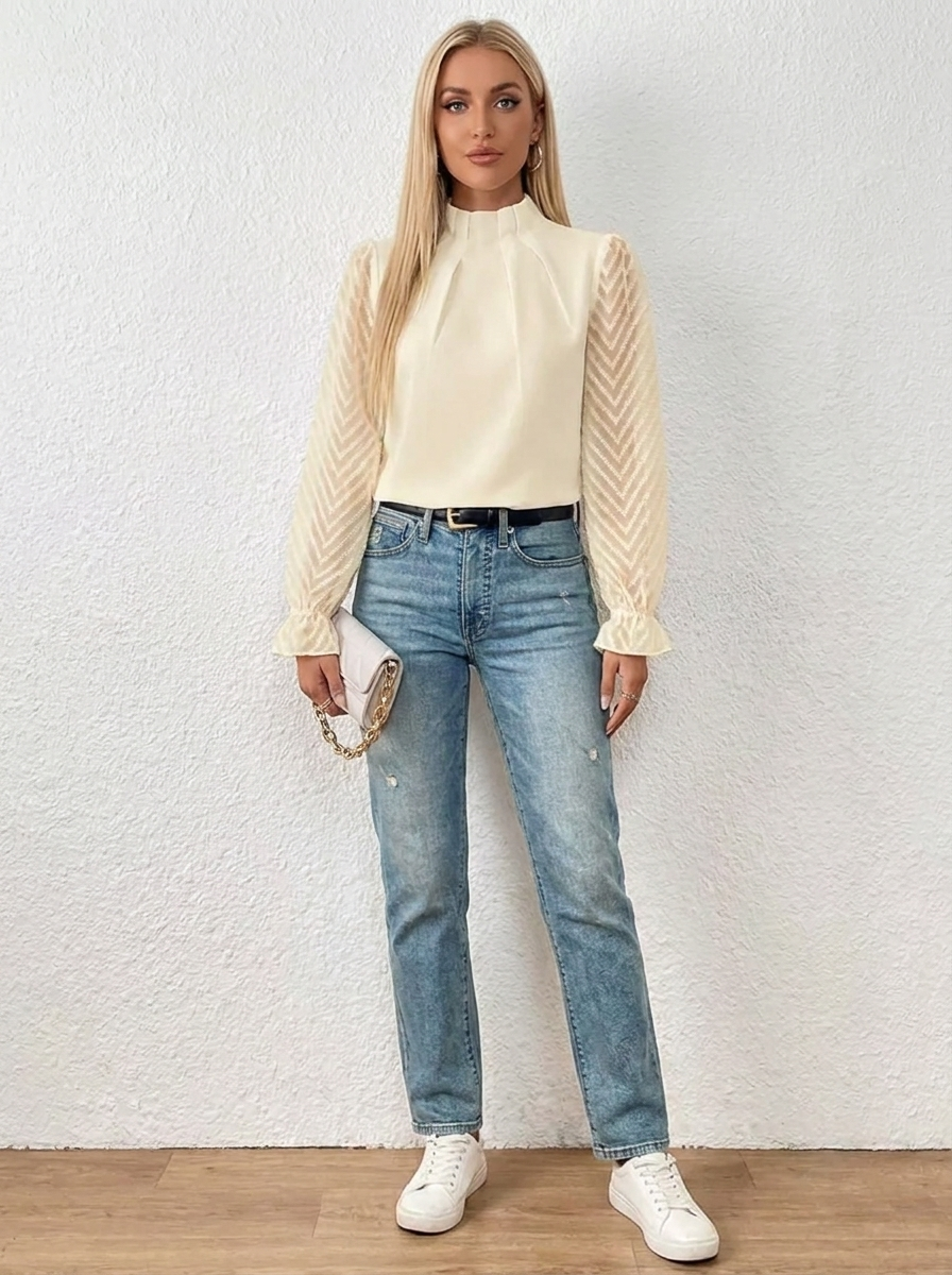 VelouraAvenue Mock Neck Flounce Blouse - Cream - Image 7