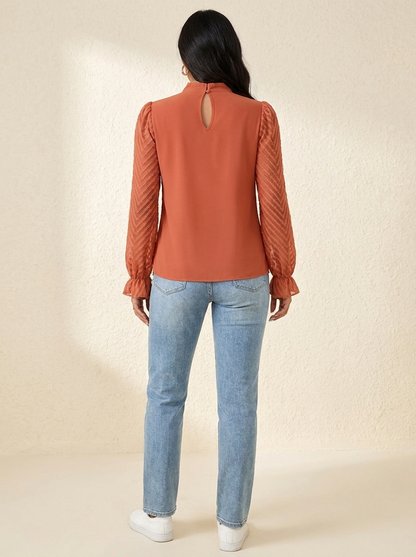 VelouraAvenue Mock Neck Flounce Blouse - Burnt Coral - Image 12