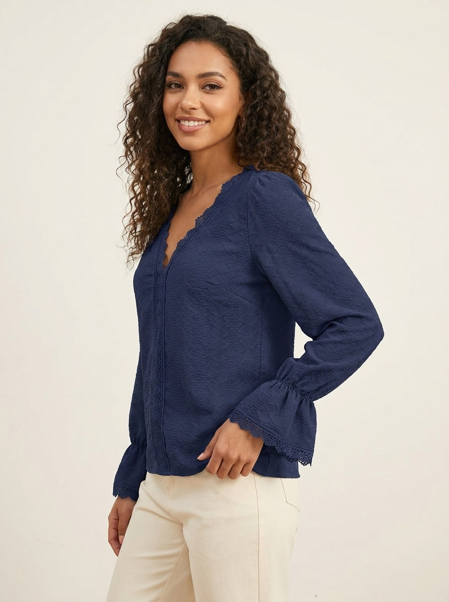 VelouraAvenue V-Neck Flounce Blouse - Navy - Image 5